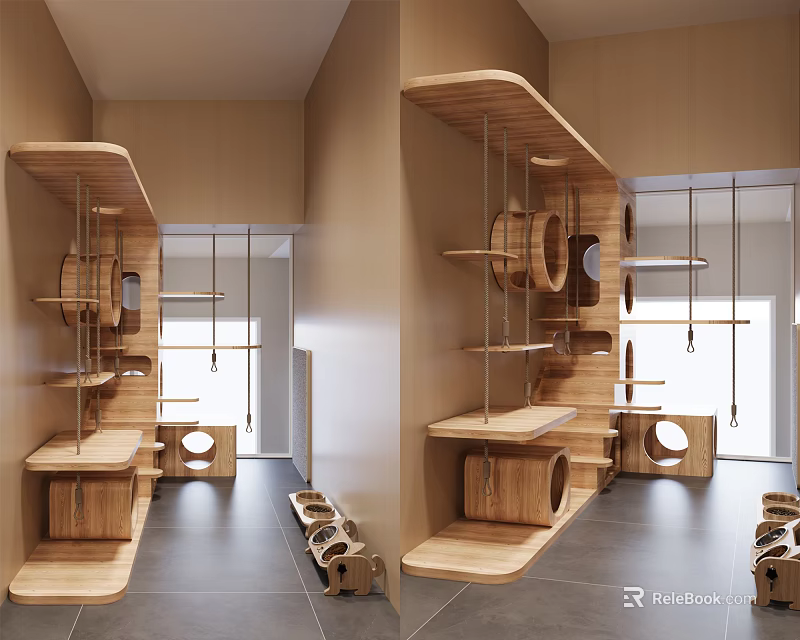 Modern Wooden Entryway with Multi Tiered Shelves Cat Beds Hanging Hooks and Circular Openings 3d model 