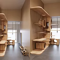 Modern Wooden Entryway with Multi Tiered Shelves Cat Beds Hanging Hooks and Circular Openings