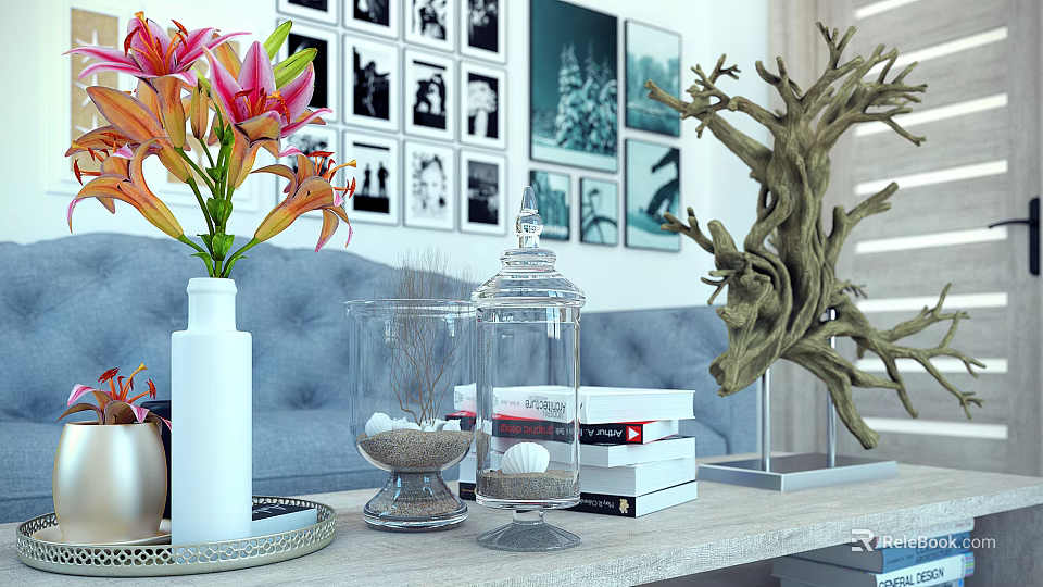 Decorative Ornament Collection with Pink Orange Lilies in White Vase Glass Cloche Books and Driftwood 3d model 