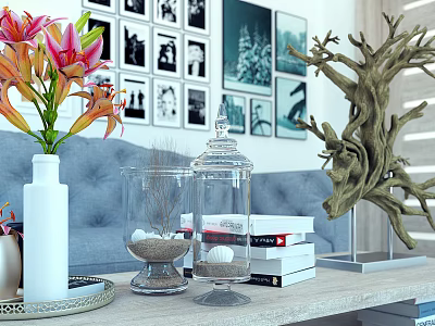 Decorative Ornament Collection with Pink Orange Lilies in White Vase Glass Cloche Books and Driftwood 3d model