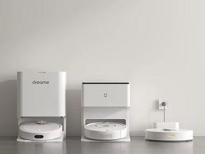 Deebot And Xiaomi Robot Vacuum Cleaners With Charging Docks On White Background 3d model