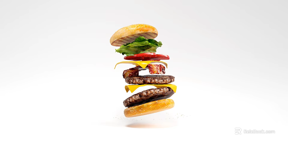 Delicious Floating Hamburger With Separated Layers Golden Buns Fresh Lettuce Tomato Cheese Bacon Juicy Patty 3d model 