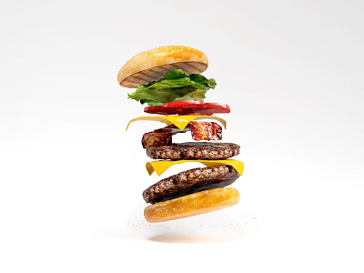 Delicious Floating Hamburger With Separated Layers Golden Buns Fresh Lettuce Tomato Cheese Bacon Juicy Patty 3d model