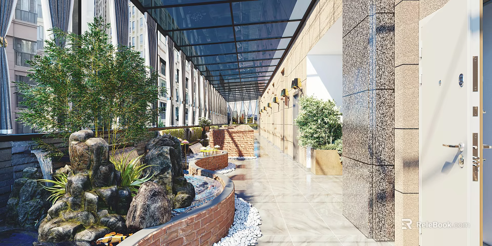 Restaurant Corridor With Glass Roof Green Plants Stone Decorations And Brick Flower Beds 3d model 