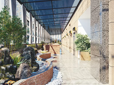 Restaurant Corridor With Glass Roof Green Plants Stone Decorations And Brick Flower Beds 3d model
