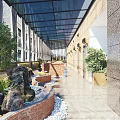 Restaurant Corridor With Glass Roof Green Plants Stone Decorations And Brick Flower Beds