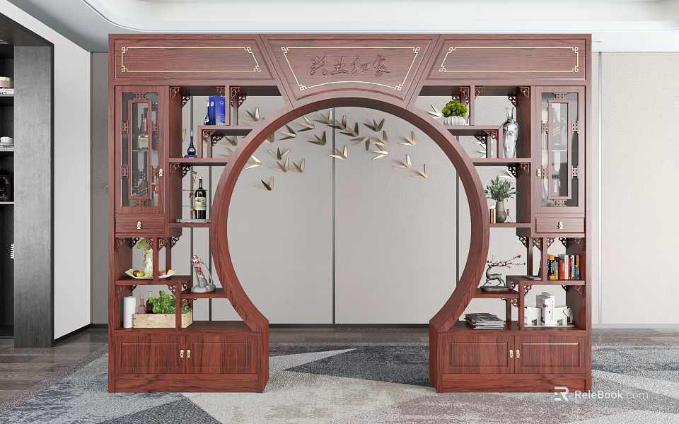 Elegant Traditional Chinese Wooden Archway with Glass Door Cabinets and Decorative Plants 3d model 