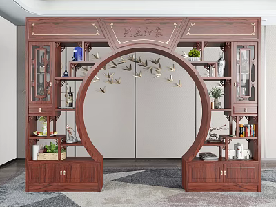 Elegant Traditional Chinese Wooden Archway with Glass Door Cabinets and Decorative Plants 3d model