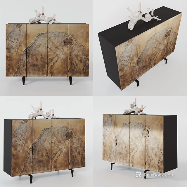 Modern Elegant Entryway Console Cabinet With Marble Texture Black Frame Legs And Decorative Items 3d model