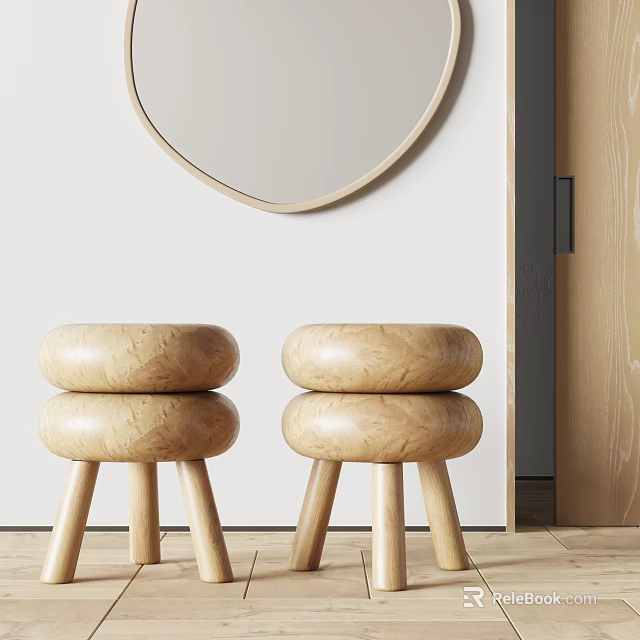 Two Stacked Wooden Stools With Round Mirror White Wall And Wooden Floor 3d model 