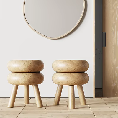 Two Stacked Wooden Stools With Round Mirror White Wall And Wooden Floor 3d model