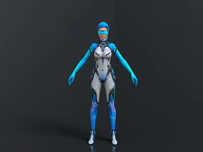Futuristic Sci Fi Character In Blue And White Cybernetic Costume With Helmet 3d model