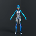 Futuristic Sci Fi Character In Blue And White Cybernetic Costume With Helmet