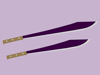Two Curved Weapons Featuring Purple Blades Wooden Handles and Metal Rivets 3d model