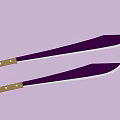 Two Curved Weapons Featuring Purple Blades Wooden Handles and Metal Rivets