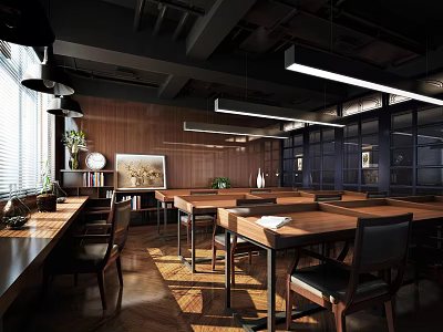 Modern School Classroom With Wooden Desks Bookshelves Large Windows And Bright Lighting 3d model
