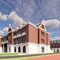 Symmetrical Red Brick School Buildings With Green Playground Under Blue Sky