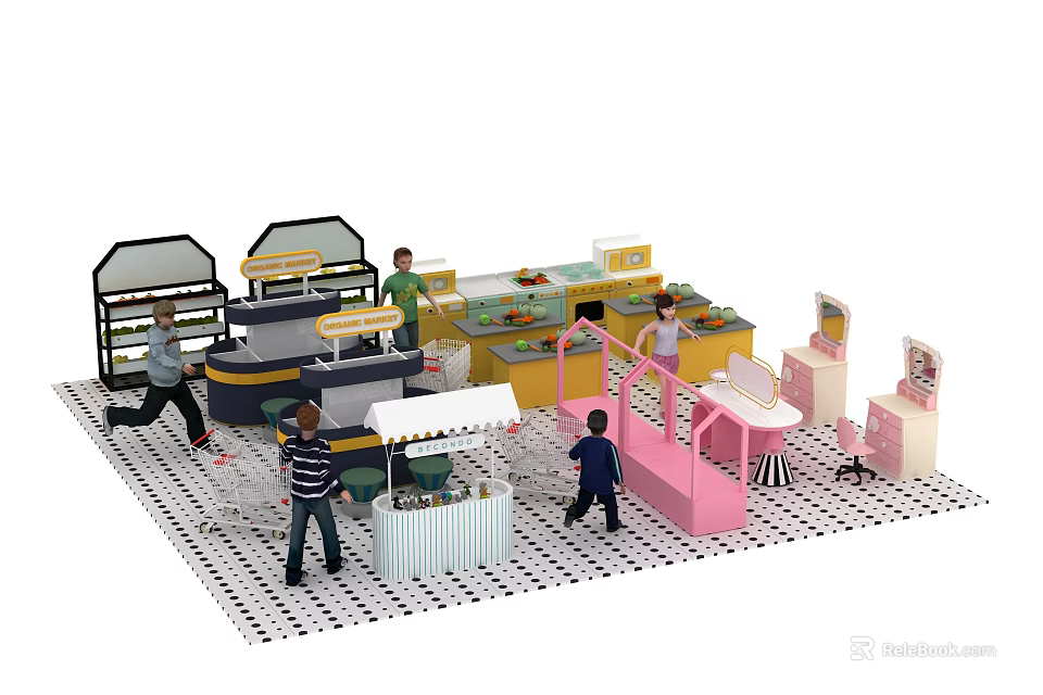Playground With Kids Playing And Running Around Colorful Stalls And Small Huts 3d model 