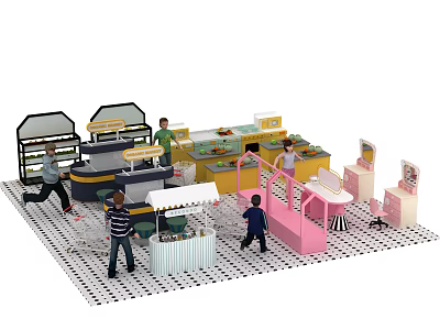 Playground With Kids Playing And Running Around Colorful Stalls And Small Huts 3d model