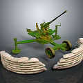 Vintage Green Wheeled Artillery Cannon With Stone Barricade Defense Structure
