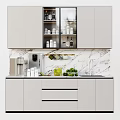 Modern Kitchen With White Cabinets Open Upper Storage Marble Backsplash Coffee Machine And Green Apples
