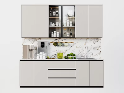Modern Kitchen With White Cabinets Open Upper Storage Marble Backsplash Coffee Machine And Green Apples 3d model
