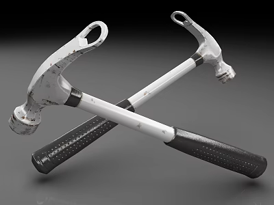 Two Worn Crossed Claw Hammers With White Heads And Black Textured Handles 3d model