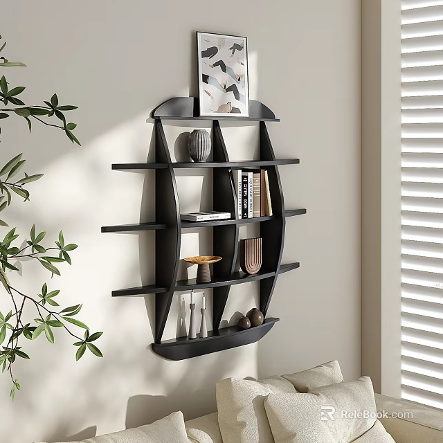 Modern Wall Mounted Cabinet Design with Decorative Shelves Books and Green Plant in Living Room Interior 3d model 