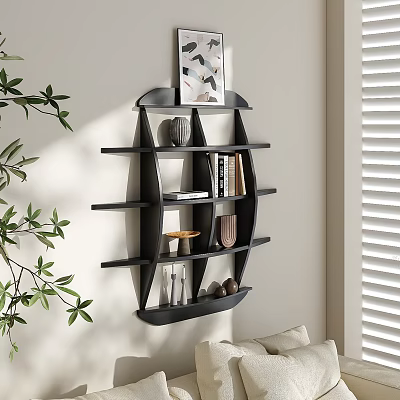 Modern Wall Mounted Cabinet Design with Decorative Shelves Books and Green Plant in Living Room Interior 3d model