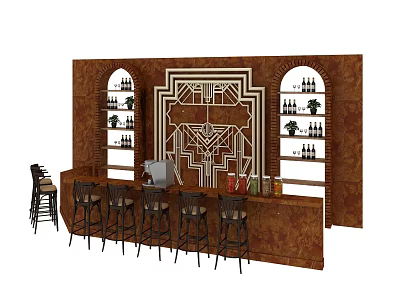 Art Deco Style Bar Interior With Wooden Counter Bar Stools And Wine Racks 3d model