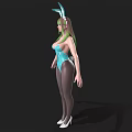 Woman with green hair bunny ears blue bodysuit black stockings and white high heels
