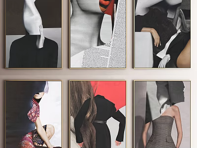 Modern Framed Figurative Paintings with Abstract Fashion Figures and Color Contrast Wall Art 3d model