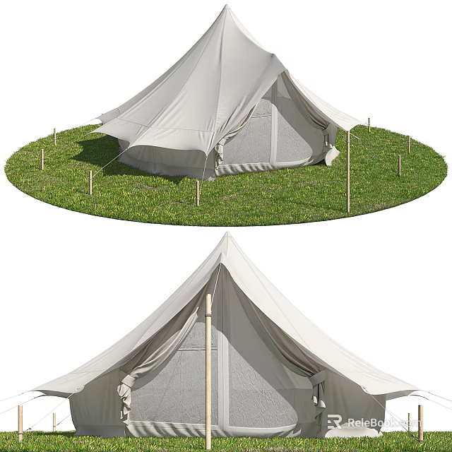Cream-Colored Camping Tent With Peak-Top Design Set On Green Grass And Wooden Stakes 3d model 