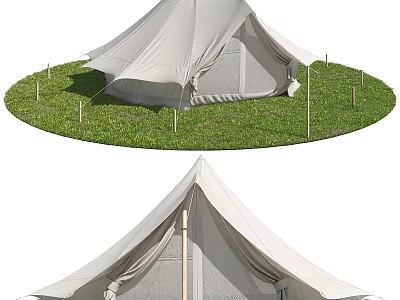 Cream-Colored Camping Tent With Peak-Top Design Set On Green Grass And Wooden Stakes 3d model