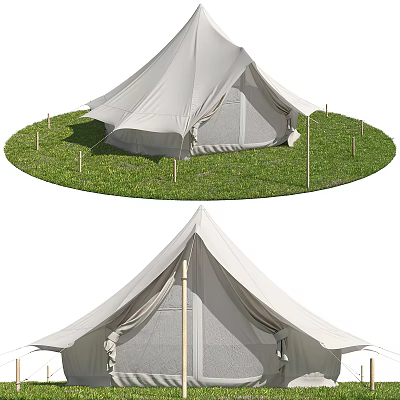 Cream-Colored Camping Tent With Peak-Top Design Set On Green Grass And Wooden Stakes 3d model