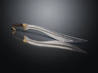 Sharp Blade Scimitar With Brown Wooden Handle Golden Decoration On Black Smooth Surface With Reflection 3d model