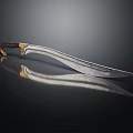 Sharp Blade Scimitar With Brown Wooden Handle Golden Decoration On Black Smooth Surface With Reflection