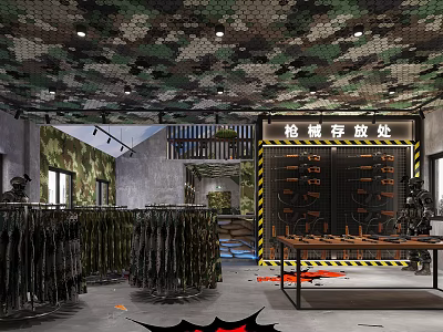 Military Style Firearms Storage Area With Camouflage Ceiling And Weapon Racks 3d model