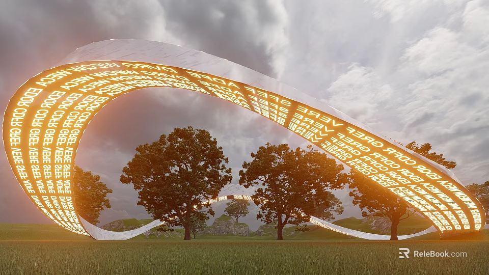 Giant White Curved Sculpture With Illuminated Yellow Patterns In Grassland With Trees Against Cloudy Sky 3d model 