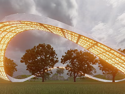 Giant White Curved Sculpture With Illuminated Yellow Patterns In Grassland With Trees Against Cloudy Sky 3d model
