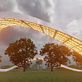 Giant White Curved Sculpture With Illuminated Yellow Patterns In Grassland With Trees Against Cloudy Sky