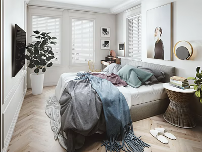 Modern Bedroom Interior Design With TV Large Plant Blankets And Wooden Flooring 3d model