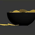 Black Bowl Filled With Crunchy Yellow Potato Chips Two Chips Beside