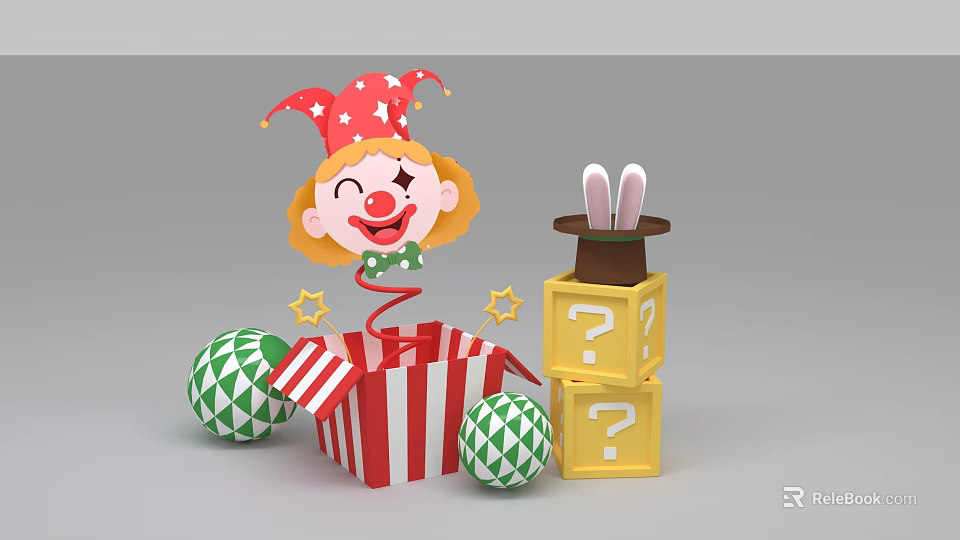 Fun Photo Spot With Clown Red White Gift Box Rabbit Ear Hat Stars And Balls 3d model 