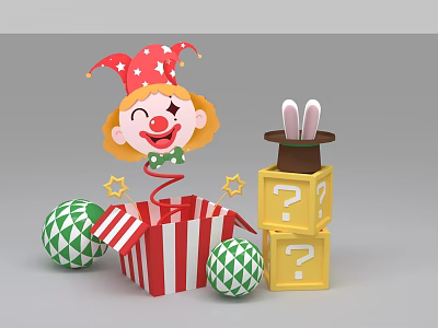 Fun Photo Spot With Clown Red White Gift Box Rabbit Ear Hat Stars And Balls 3d model