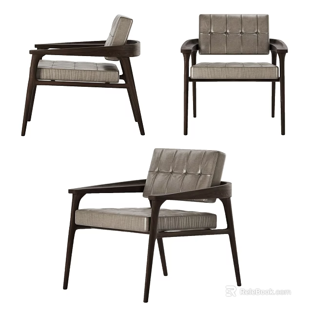 Modern Single Chair With Dark Wooden Frame And Tufted Upholstered Backrest 3d model 