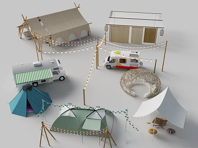 Camping Furniture Setup With Various Tents Camper Van Circular Sofa And String Lights 3d model