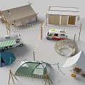 Camping Furniture Setup With Various Tents Camper Van Circular Sofa And String Lights