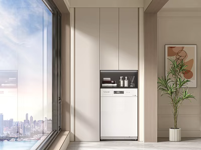 Modern Home Balcony Interior With Large Window City View White Storage Cabinets And Green Plant 3d model