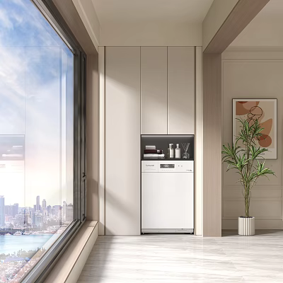 Modern Home Balcony Interior With Large Window City View White Storage Cabinets And Green Plant 3d model